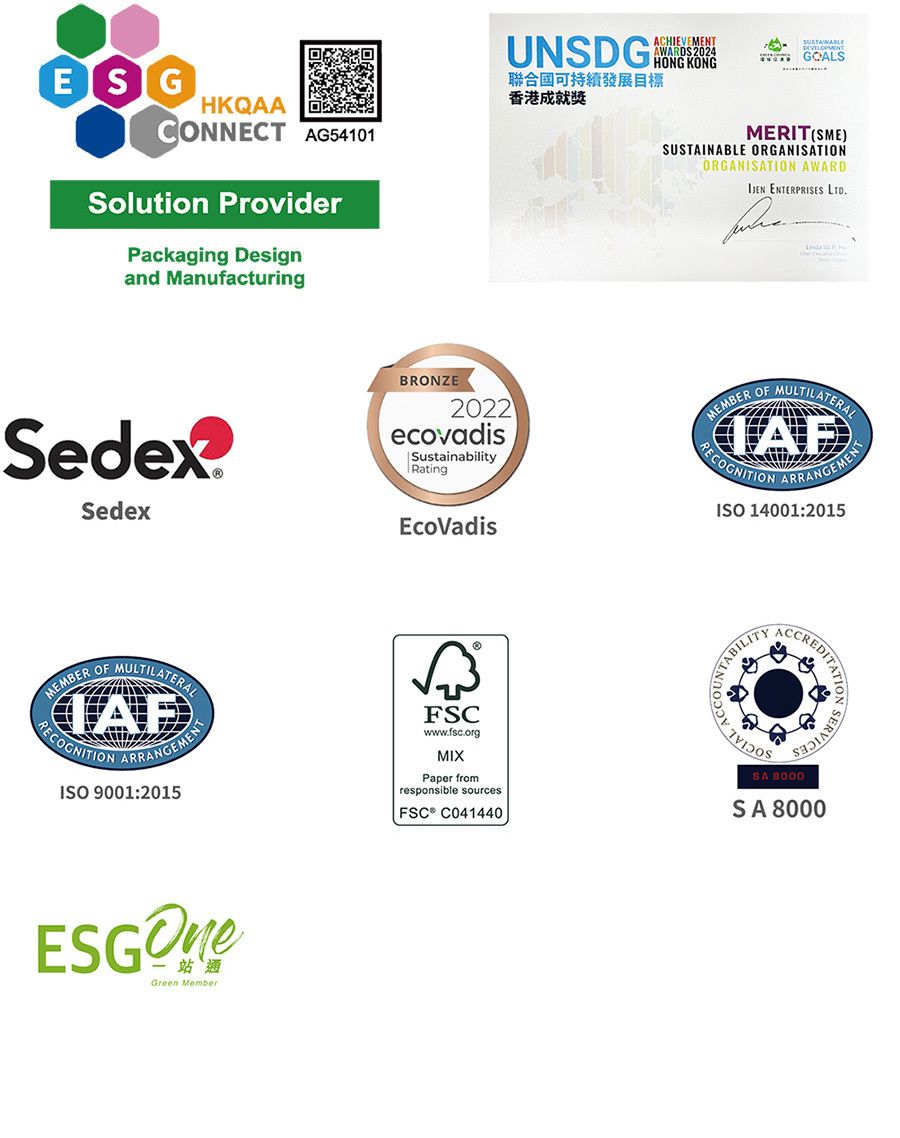 IJEN Sedex、EcoVadis、ISO、FSC、SA8000、HKQAA、ESG One などの認証資料